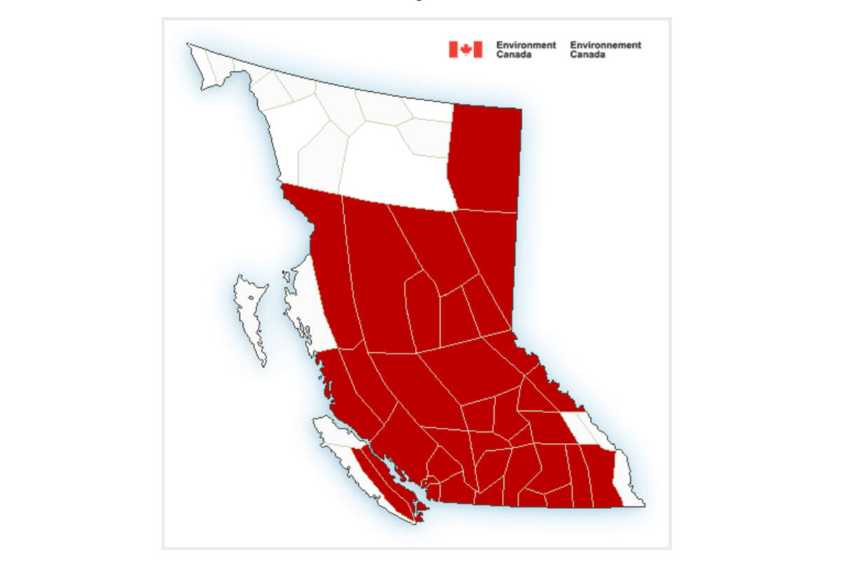 July 26, Environment Canada has issued heat warnings for 38 regions in the province. (Image: Environment Canada).