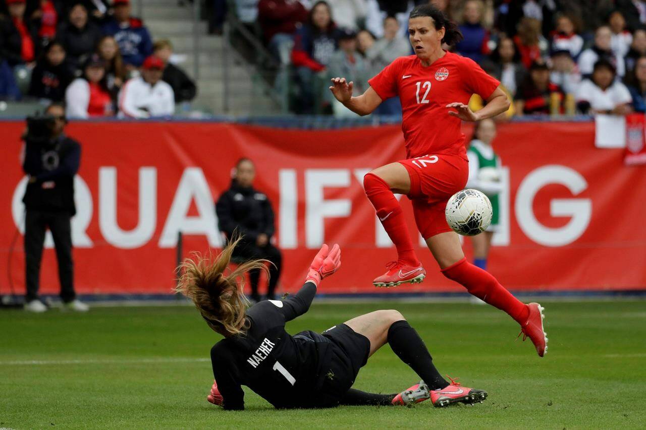 U.S. goalkeeper Alyssa Naeher blocks a shot by Canada forward Christine Sinclair during the first half of a CONCACAF women’s Olympic qualifying soccer match Feb. 9, 2020, in Carson, Calif. Sinclair is among 14 people appointed to the Order of B.C. for 2022. THE CANADIAN PRESS/AP/Chris Carlson