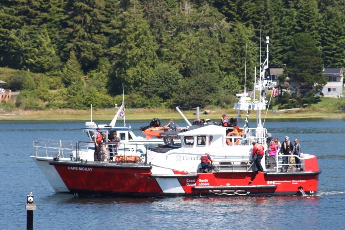 CCGS Cape McKay and 24 passengers and crew aboard the MV Chinook Princess arrive safely in the Ucluelet Harbour on July 30. (Cathy Gilbert photo)