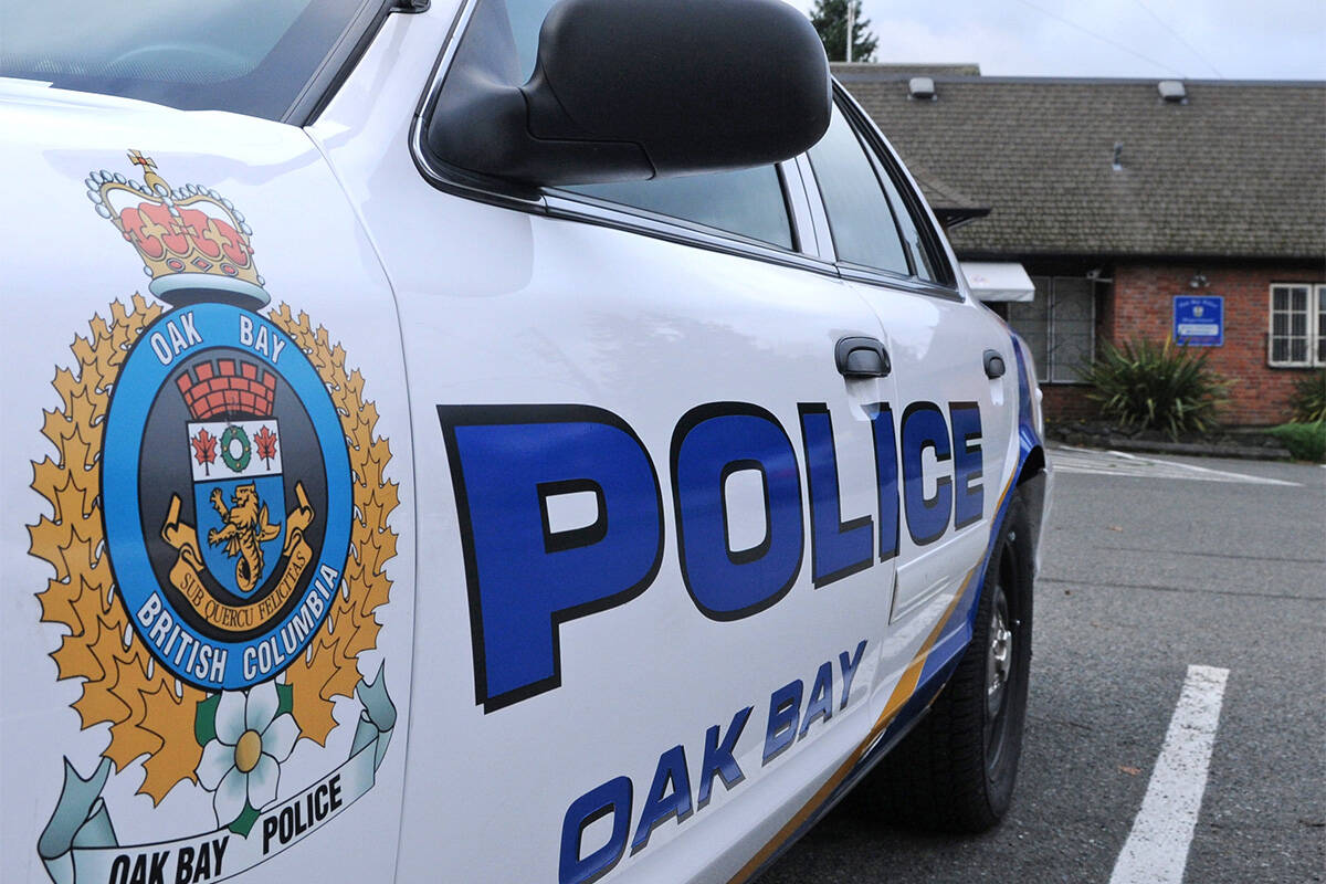 An Oak Bay Police Department (OBPD) car parked outside the office on Monterey Avenue. (Black Press Media file photo)