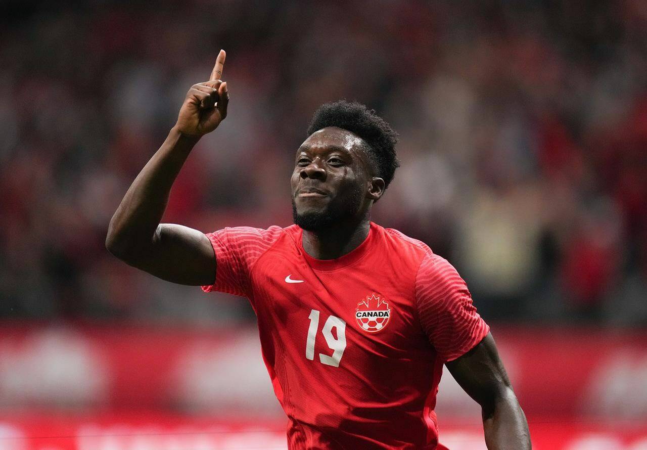 Canadian soccer star Alphonso Davies says he will donate his World Cup earnings to charity. Davies celebrates his penalty kick goal against Curacao during the first half of a CONCACAF Nations League soccer match, in Vancouver, on Thursday, June 9, 2022. THE CANADIAN PRESS/Darryl Dyck