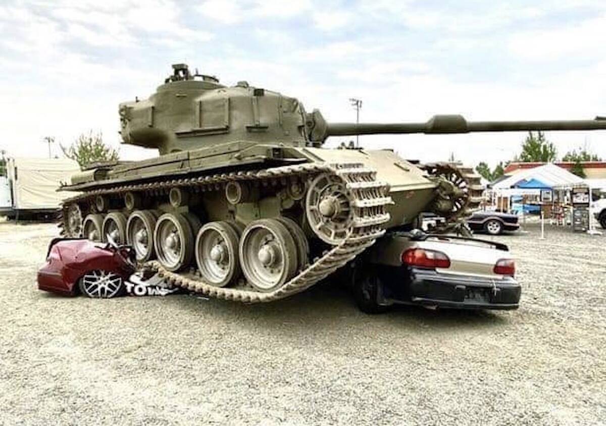 A Chilliwack Military Education Centre tank crushing cars is scheduled to be on display at the Chilliwack Fair on all three days, Aug. 5, 6 and 7, 2022. (Chilliwack Fair Facebook)