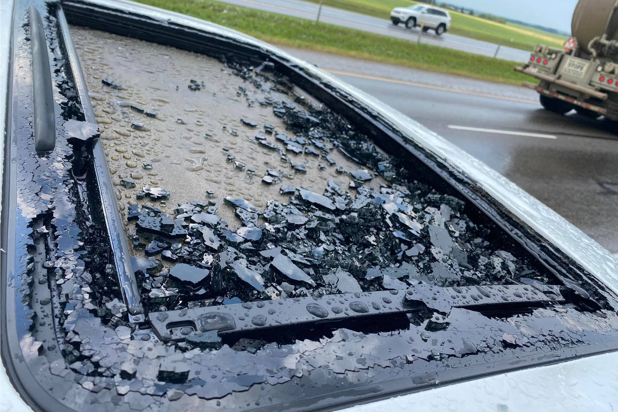 The dual sunroofs were completely destroyed in the hailstorm. Photo supplied