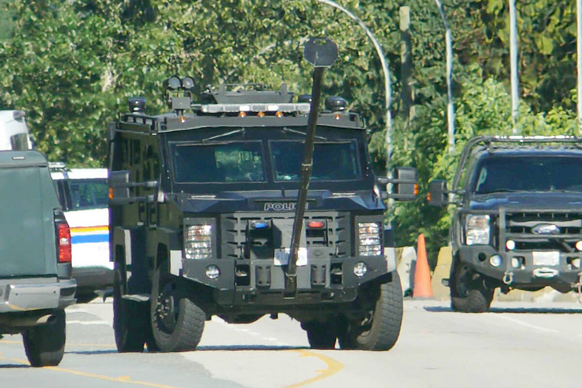 A vehicle with a battering ram on the front was near a home where police were negotiating with a man inside, but it was apparently not used during a standoff on Tuesday, Aug. 2. (Dan Ferguson/Langley Advance Times)