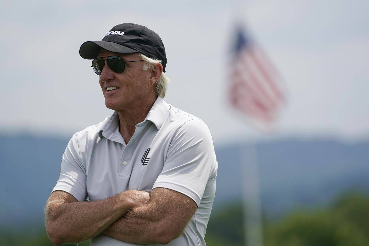 LIV Golf CEO Greg Norman watches the play during the pro-am round of the Bedminster Invitational LIV Golf tournament in Bedminster, N.J., Thursday, July 28, 2022. (AP Photo/Seth Wenig)