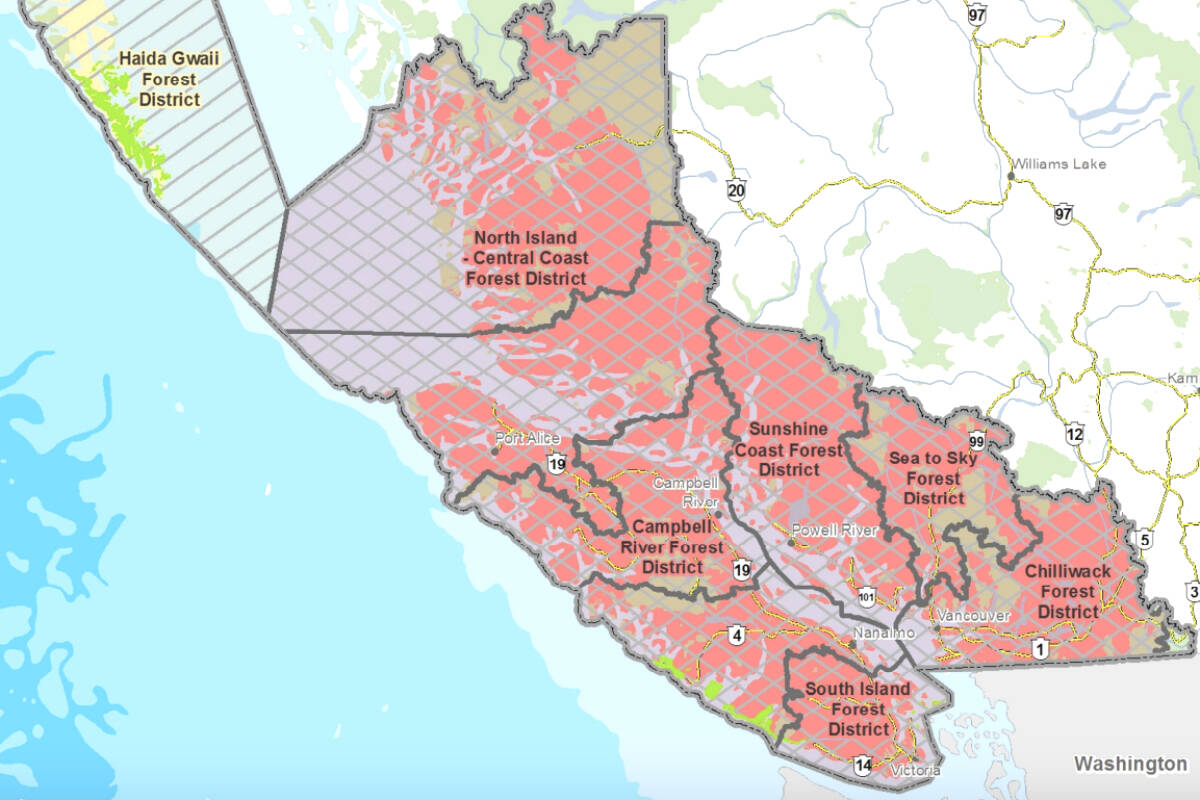 A campfire ban will go into effect Aug. 4 in the Coastal Fire Centre, with the except of Haida Gwaii. (BCWS map)