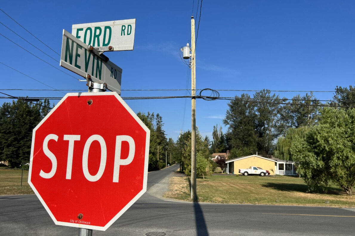 Ford and Nevin roads in Rosedale in east Chilliwack near where a woman on a skateboard was struck at approximately 10 p.m. on Aug. 1, 2022. She later died in hospital. (Paul Henderson/ Chilliwack Progress)