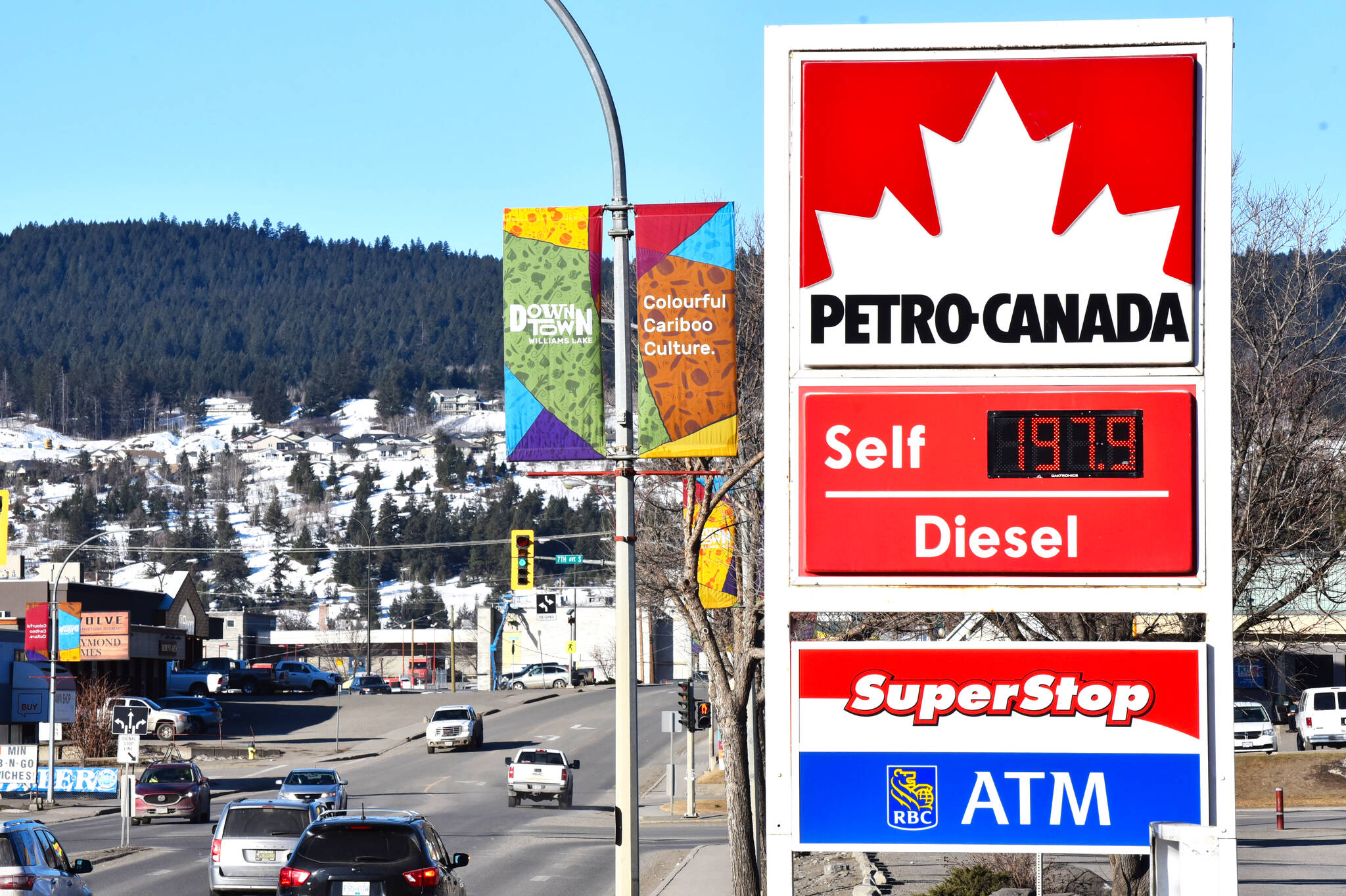 The sting of soaring gas prices is being felt across the country and right here in Williams Lake, with the latest increase Monday evening (March 7) setting the price of regular gasoline at $1.97.9. Vancouver is currently experiencing some of the highest gas prices in North America at $2.07.9. The increases are being blamed on the war in Ukraine as many countries around the world, including Canada and the U.S., stop importing gas from Russia. (Angie Mindus photo - Williams Lake Tribune)