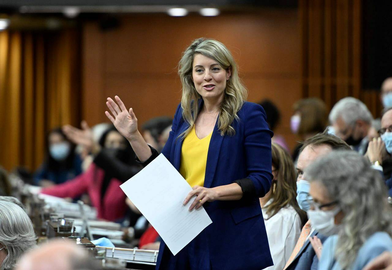 Melanie Joly rises during Question Period in the House of Commons on Parliament Hill in Ottawa on Thursday, June 16, 2022. The foreign affairs minister is calling for calm as the Chinese government announced a series of military exercises around Taiwan following U.S. House Speaker Nancy Pelosi’s visit to the island this week.THE CANADIAN PRESS/Justin Tang