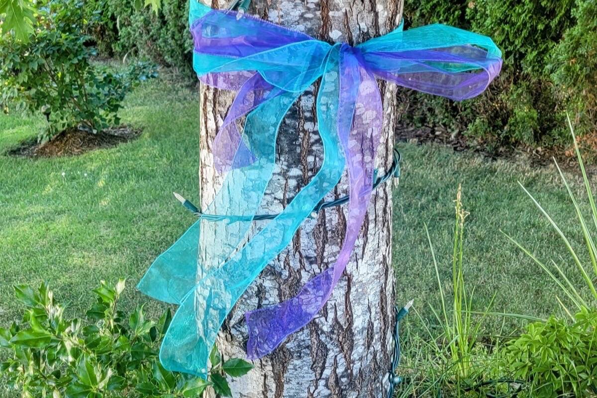 Judi Hills tied a ribbon to a tree in the Puntledge Park neighbourhood in memory of her son and of all the people who have struggled in silence. Photo supplied