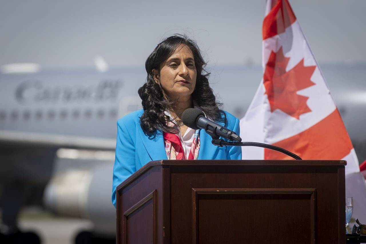 Minister of Defence Anita Anand speaks during an announcement at Canadian Forces Base Trenton in Trenton, Ont., on Monday June 20, 2022. THE CANADIAN PRESS/Lars Hagberg
