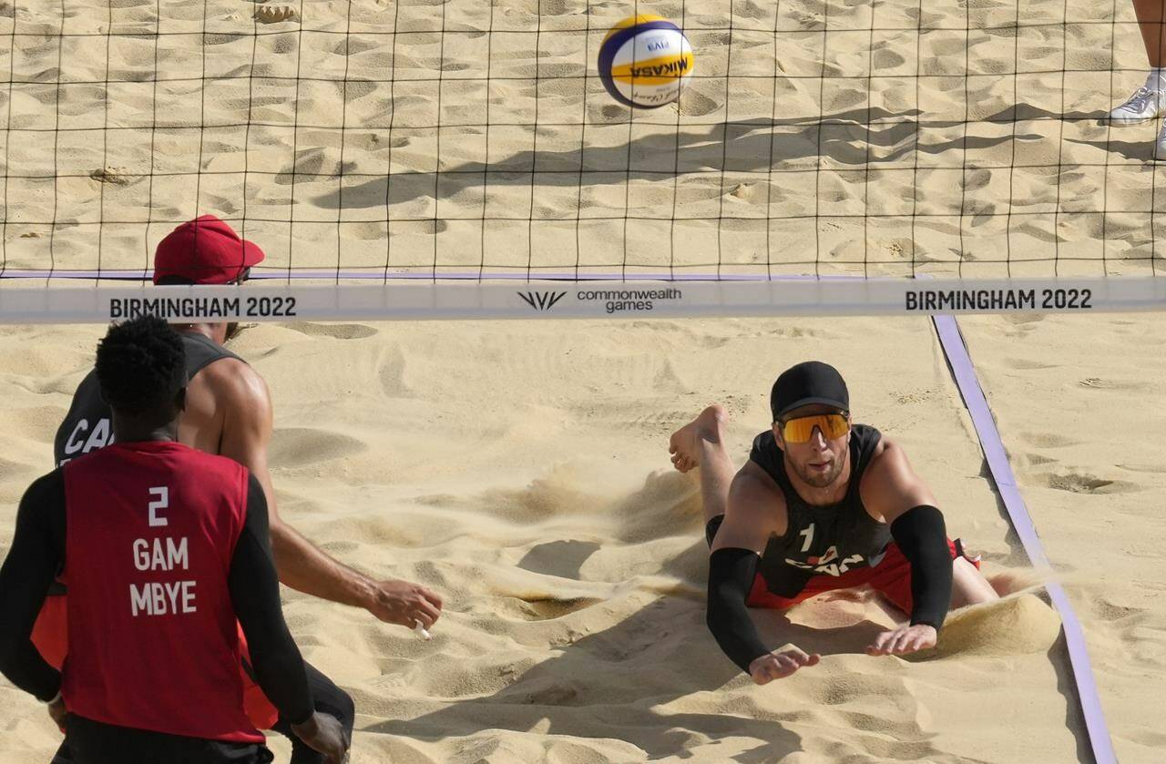 Canada’s Sam Schachter, right, in action during Men’s Preliminary Pool A beach volleyball match between Canada and Gambia at Smithfield at the Commonwealth Games in Birmingham, England, Thursday, Aug. 4, 2022. THE CANADIAN PRESS/AP/Manish Swarup