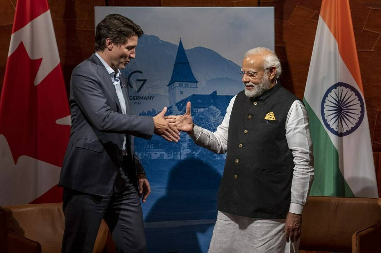 Prime Minister Justin Trudeau and Indian Prime Minister Narendra Modi shake hands prior to a bilateral meeting at the G7 Summit in Schloss Elmau, in Germany on Monday, June 27, 2022. THE CANADIAN PRESS/Paul Chiasson