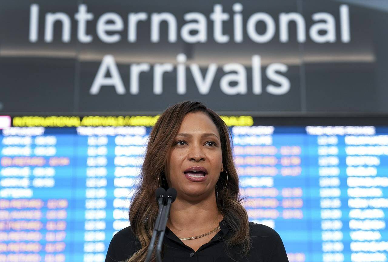 Deborah Flint, President and Chief Executive Officer of the Greater Toronto Airports Authority (GTAA) provides a progress update at Toronto Pearson Airport in Toronto on Friday, August 5, 2022. THE CANADIAN PRESS/Nathan Denette