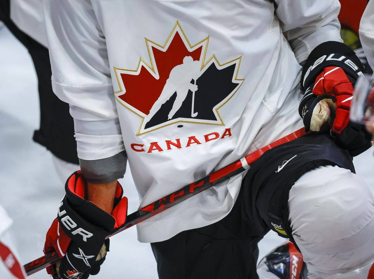 A Hockey Canada logo is shown on the jersey of a player with Canada’s National Junior Team during a training camp practice in Calgary, Tuesday, Aug. 2, 2022.THE CANADIAN PRESS/Jeff McIntosh