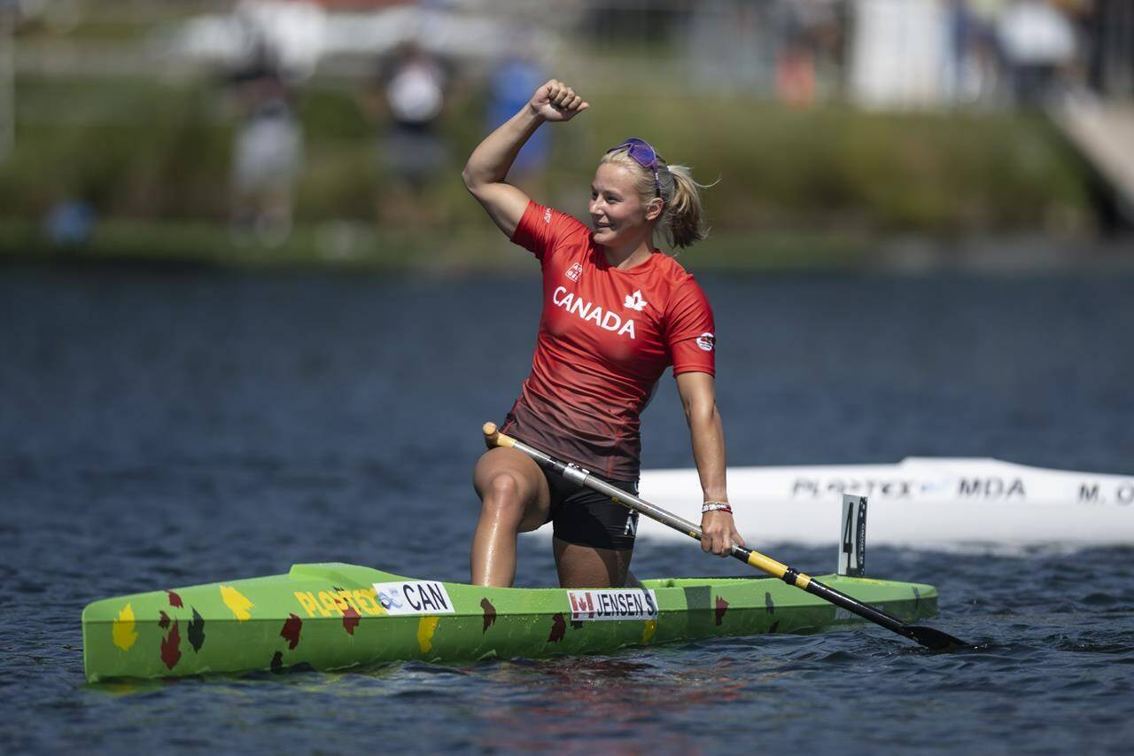 Sophia Jensen, of Canada, reacts after winning silver in the C1 women’s 500m during the ICF Canoe Sprint and Paracanoe World Championships in Dartmouth, N.S. on Sunday, August 7, 2022. THE CANADIAN PRESS/Darren Calabrese