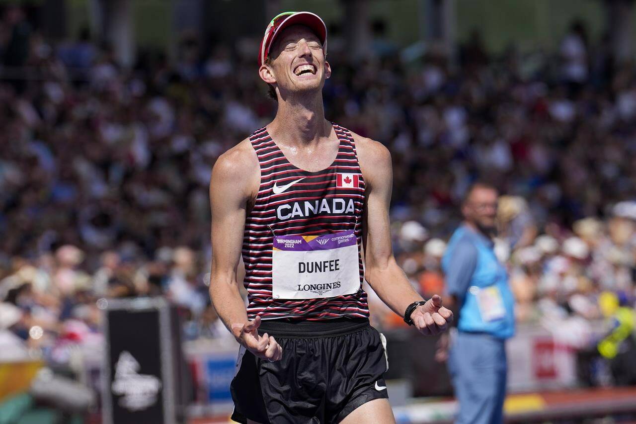 Evan Dunfee of Canada reacts after winning the men’s 10,000 meters walk during the athletics in the Alexander Stadium at the Commonwealth Games in Birmingham, England, Sunday, Aug. 7, 2022. THE CANADIAN PRE$SS/AP/Manish Swarup