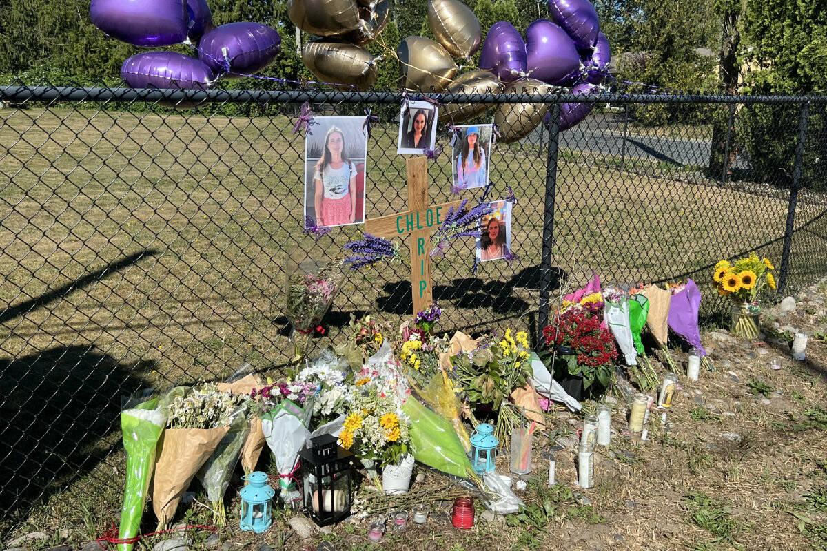 A memorial for 19-year-old Chloe Des Rochers at the corner of Nevin and Ford roads in Chilliwack on Aug. 8, 2022. Des Rochers was on her skateboard at 10 p.m. on Aug. 1 when she was struck and killed by a pickup truck driver. (Paul Henderson/ Chilliwack Progress)