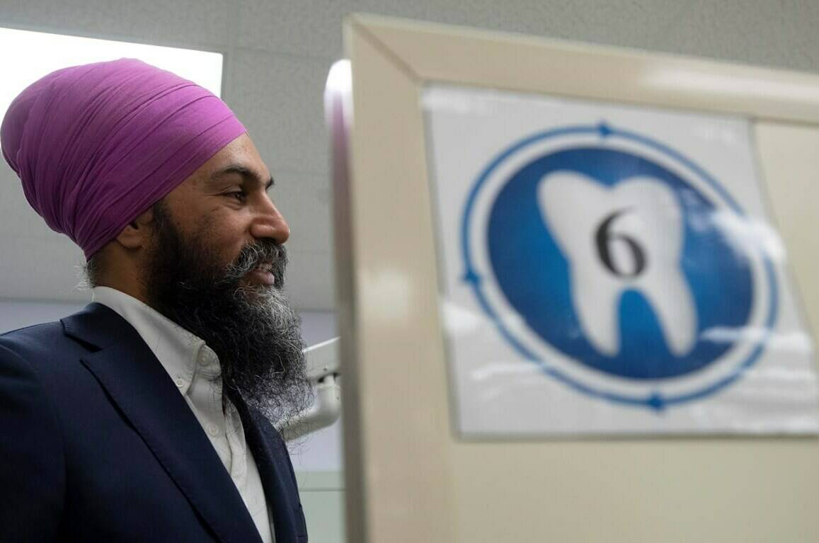 NDP Leader Jagmeet Singh is seen in a dental hygienist training facility at a college in Sudbury, Ontario on Wednesday, September 18, 2019.Sources close to the government’s proposed dental-care program say the Liberals are planning temporary solution to buy time and keep their promise to the NDP while they work on a more permanent answer. THE CANADIAN PRESS/Adrian Wyld