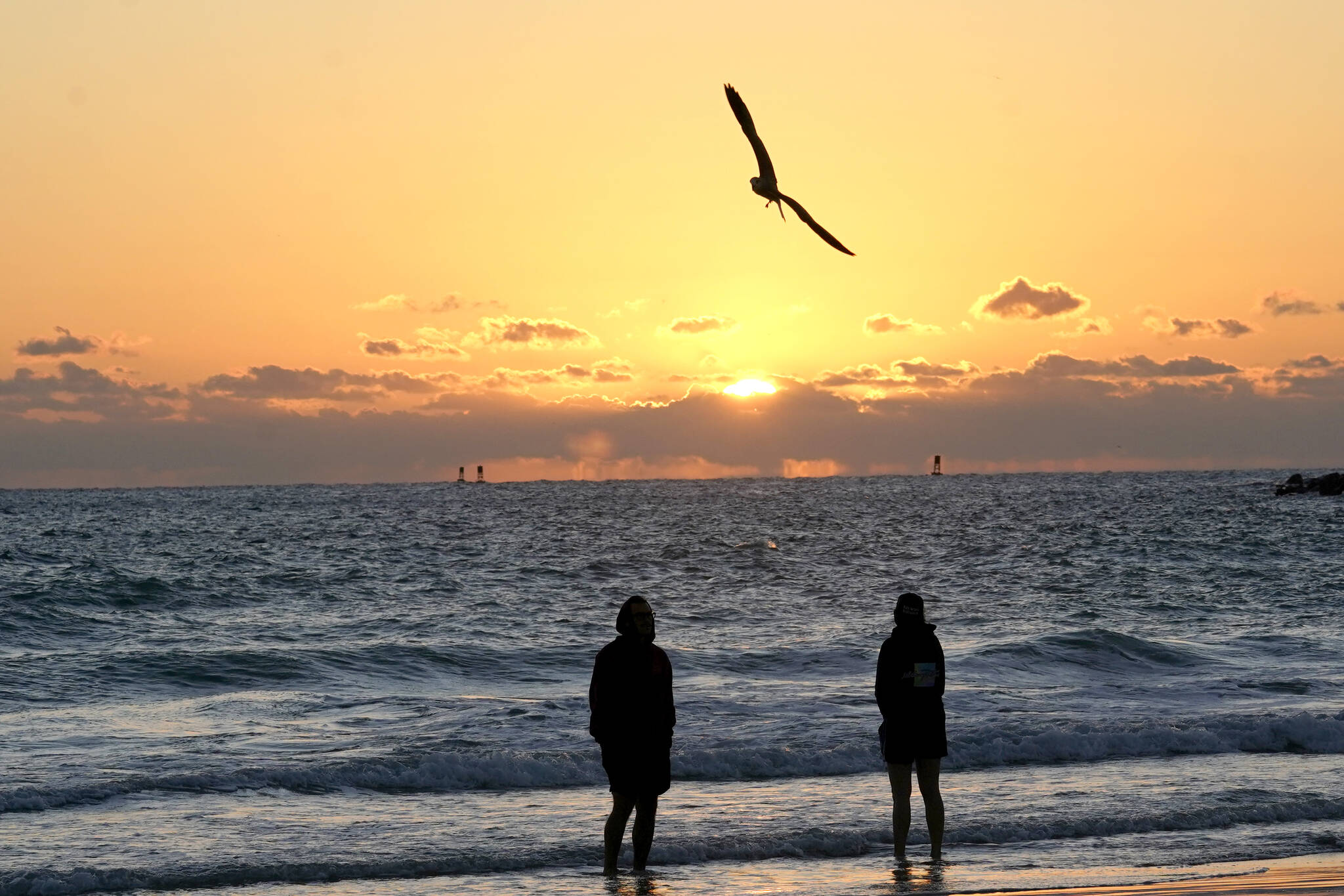 People watch the sunrise, Tuesday, Nov. 23, 2021, in Miami Beach, Fla. (AP Photo/Lynne Sladky)