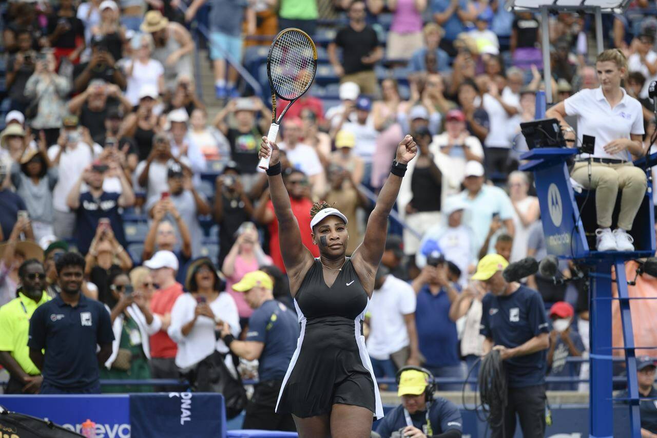 Serena Williams, of the U.S.A celebrates after defeating Nuria Parrizas-Diaz of Spain, during the National Bank Open women’s tennis tournament in Toronto, on Monday, Aug. 8, 2022. THE CANADIAN PRESS/Christopher Katsarov