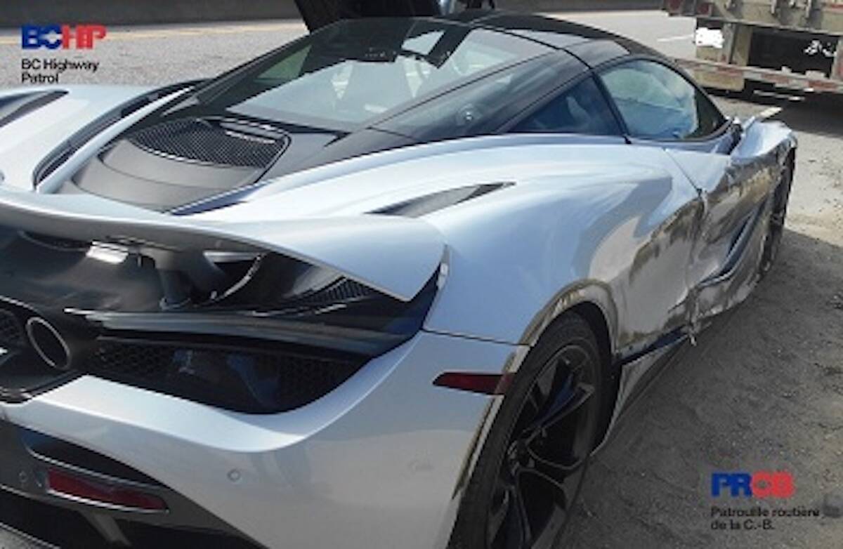 On Aug. 6, 2022, BC Highway Patrol Chilliwack responded to a two-vehicle collision near Othello Road on the Coquihalla Highway involving a transport truck and a $600,000 McLaren sports car. (RCMP handout photo)