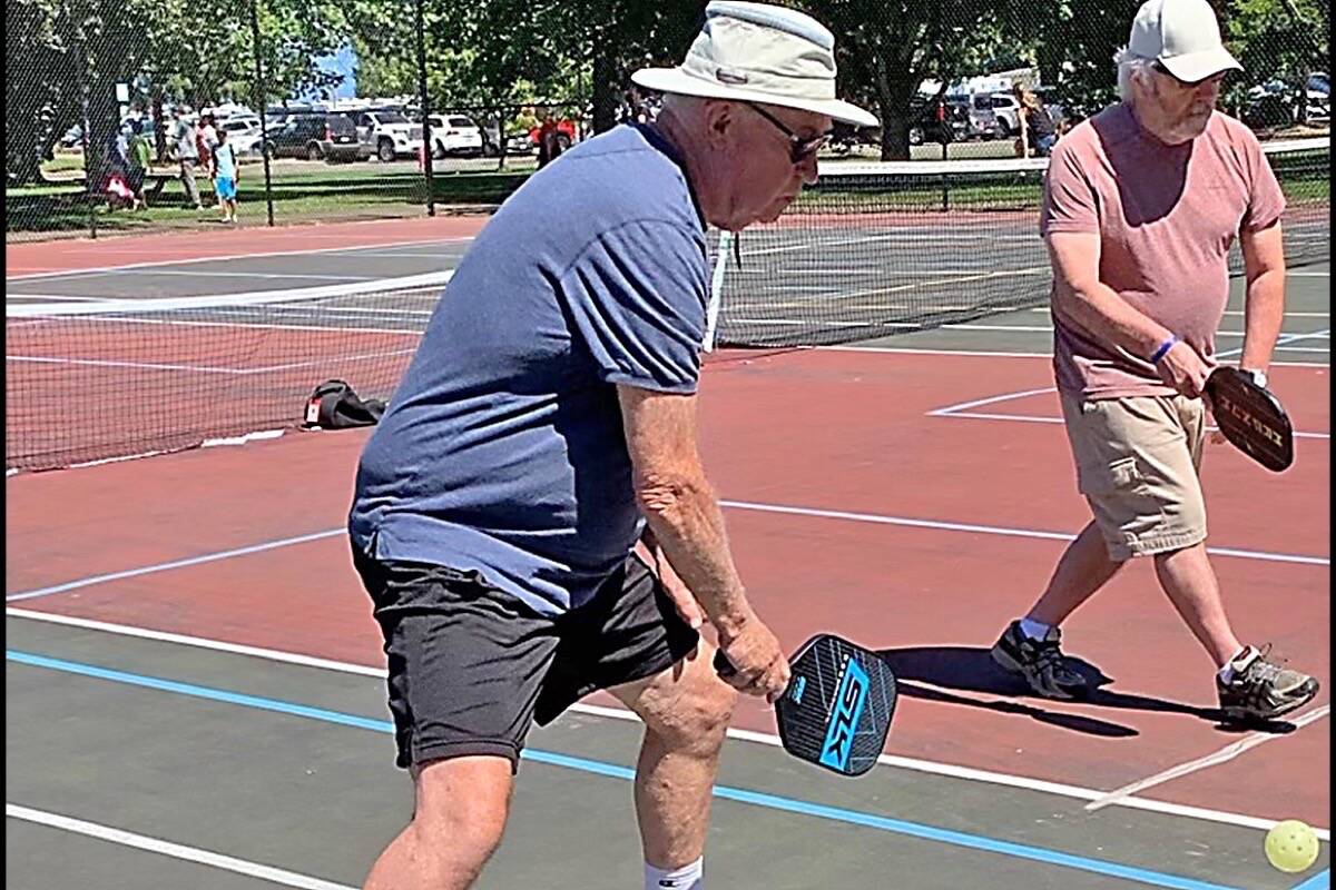 Duncan Watson learns the basics of pickleball provided by OPC Pickleball Club’s pilot program to help people with Parkinson’s disease. (Maire Watson photo)