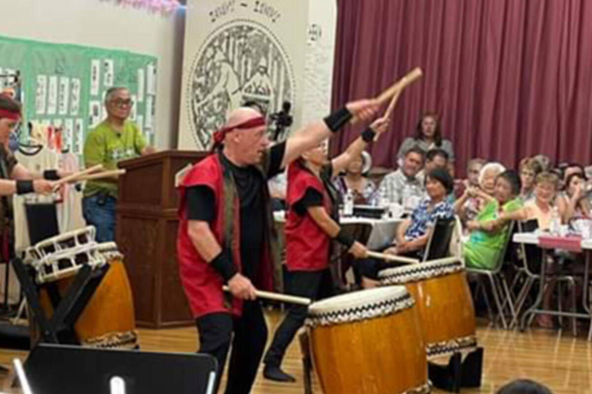 Local group Yamabiko Taiko of Kelowna performed at the 80th anniversary event, and has been coming to Greenwood since 2018. (Photo: Kayna Murakami Prisnie.)