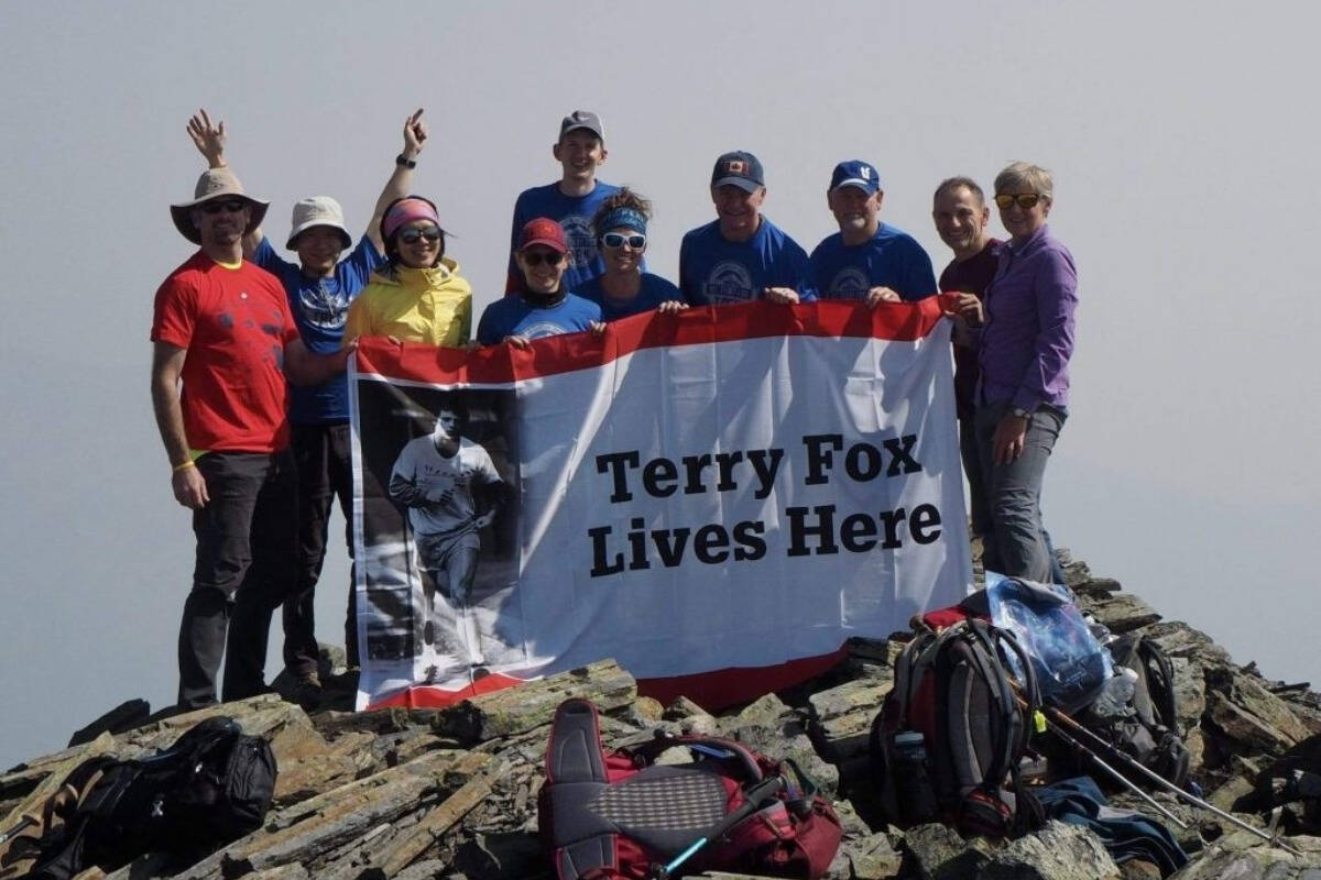 Hikers at the top of Mount Terry Fox. The peak was named in Terry’s honour in 1981, and the fundraiser first started on the 35th anniversary of Terry’s death (photo courtesy of Terry Fox Foundation).