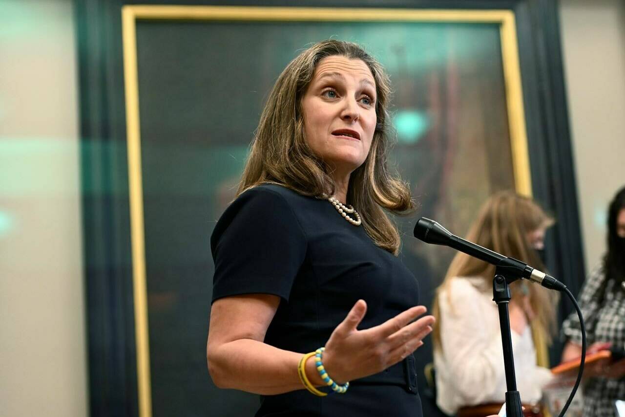 Deputy Prime Minister and Minister of Finance Chrystia Freeland speaks to reporters before heading to Question Period in the House of Commons on Parliament Hill in Ottawa on Thursday, June 23, 2022. THE CANADIAN PRESS/Justin Tang
