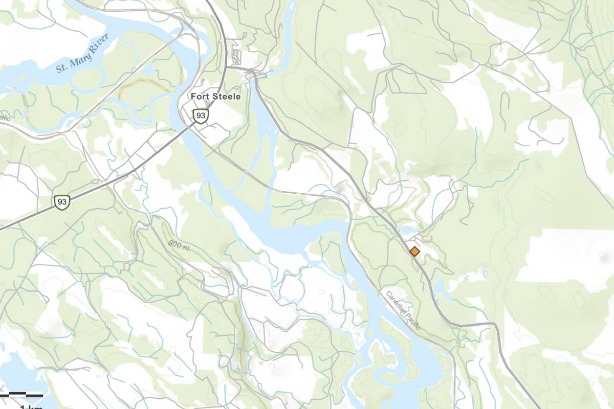 Pictured is a screenshot of the BC Wildfire map, showing the Khartoum Creek fire near Fort Steele. This fire was discovered Friday, August 12 and is under control. (File Photo)