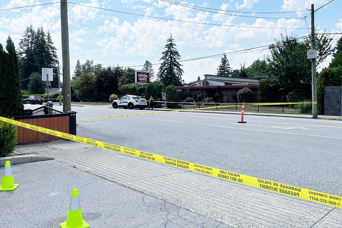 There is a heavy police presence along 216th Street at 119th Avenue in Maple Ridge. (Brandon Tucker/The News)