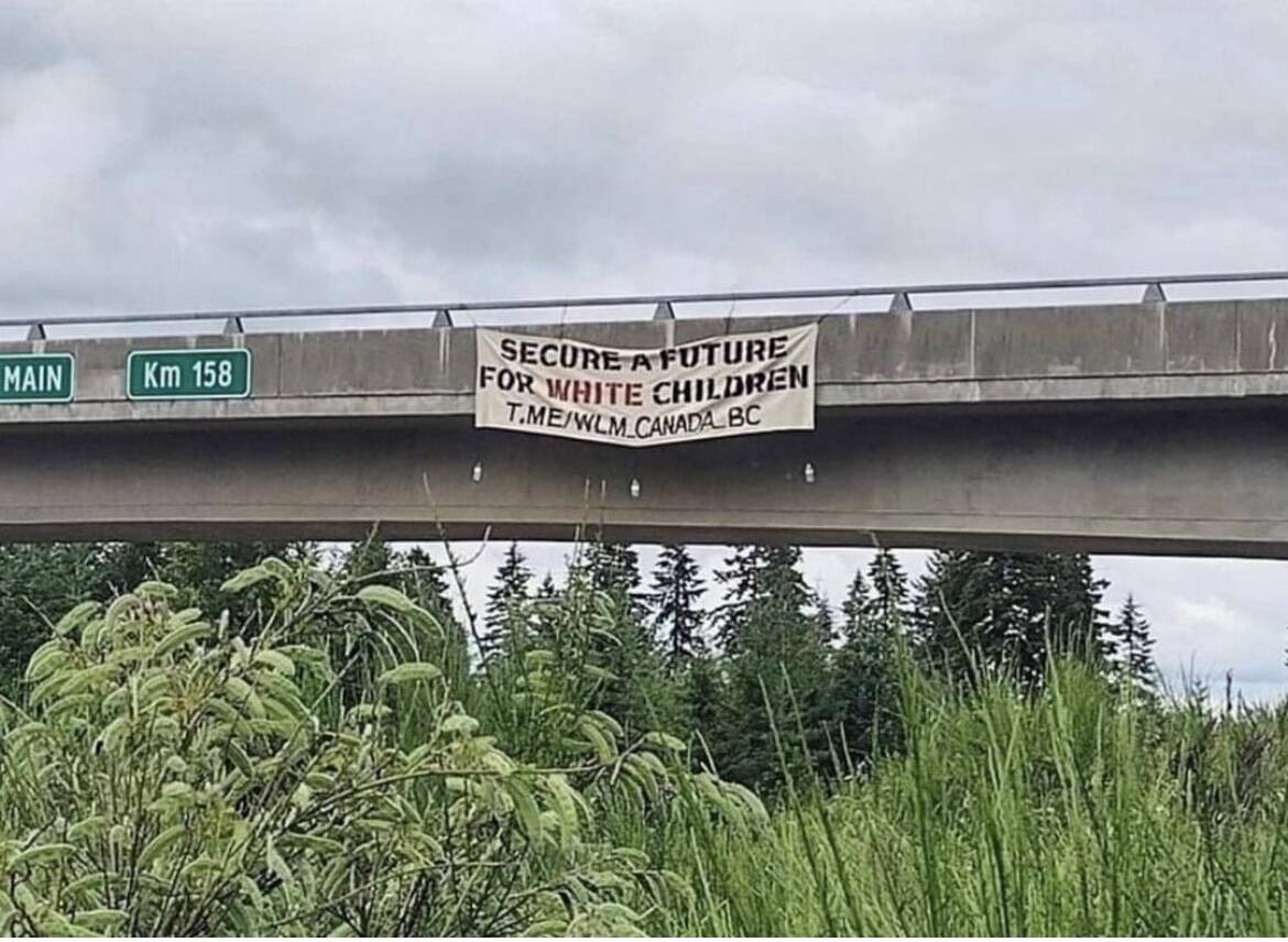 A banner was seen on the Airport Main overpass near Campbell River on Aug. 14. Photo supplied