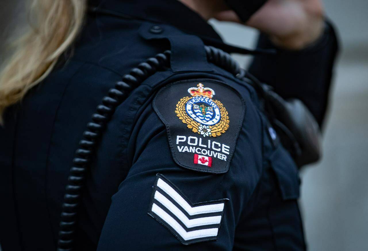 A Vancouver Police Department patch is seen on an officer’s uniform in Vancouver, on Jan. 9, 2021. Vancouver Police say they are investigating a series of violent stranger attacks in the city’s Fairview neighbourhood and are trying to establish if they are related. THE CANADIAN PRESS/Darryl Dyck