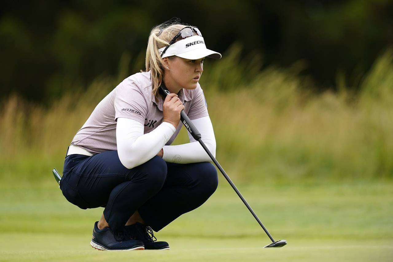 Brooke M. Henderson, of Canada, lines up a putt on the 13th green during the final round of the ShopRite LPGA Classic golf tournament, Sunday, June 12, 2022, in Galloway, N.J. She is among the biggest names in the upcoming CP Women’s Open. (AP Photo/Matt Rourke)