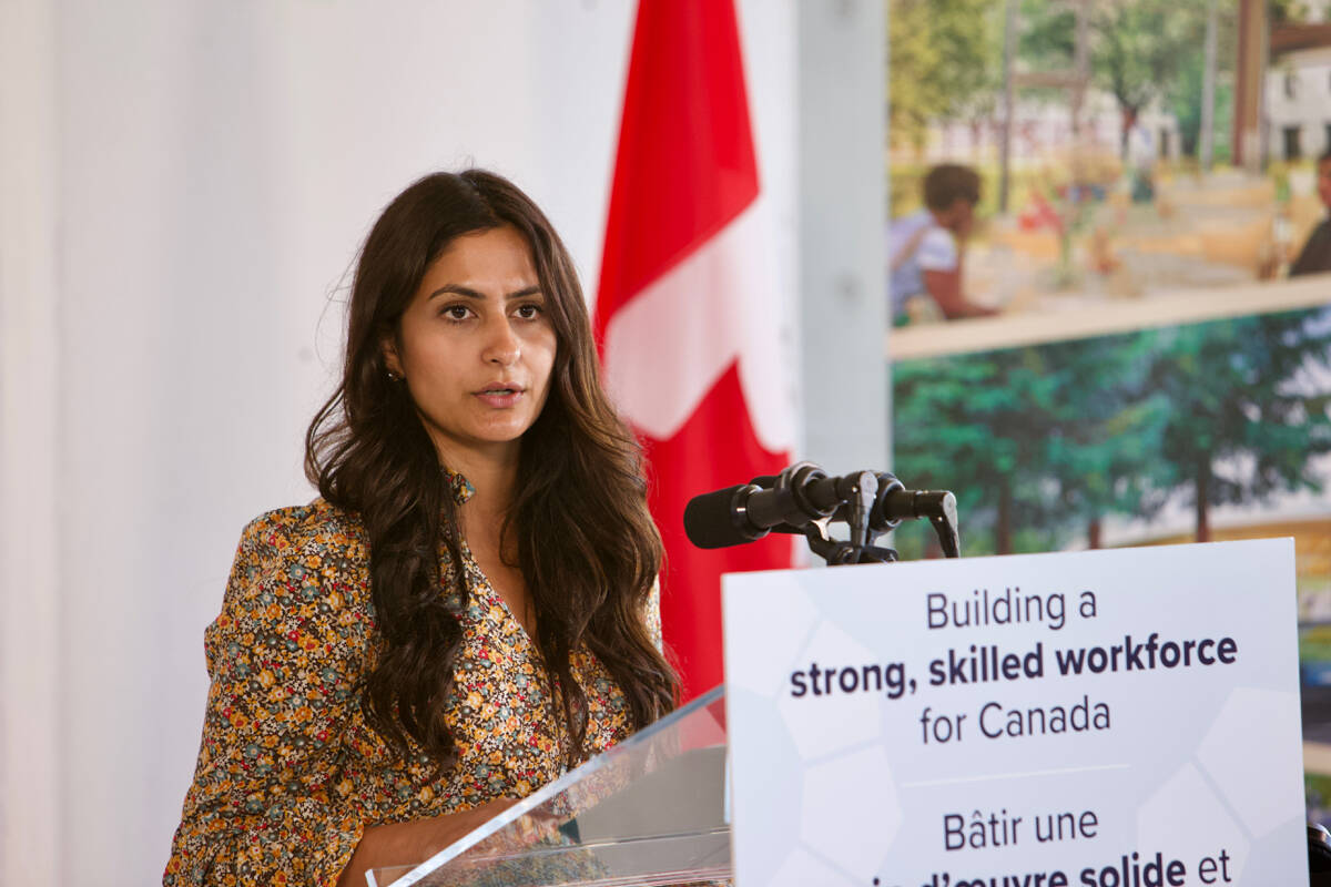 Minister of Seniors Kamal Khera speaks at a funding announcement for $21 million from the federal government to increase the number of trades apprentices in the province. (Justin Samanski-Langille/News Staff)