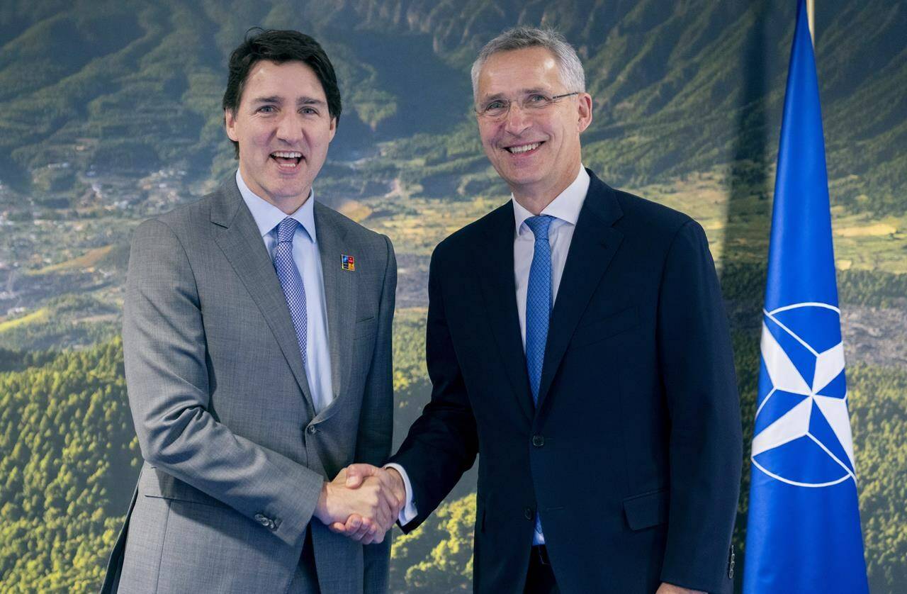 Prime Minister Justin Trudeau meets with NATO Secretary General Jens Stoltenberg at the NATO Summit in Madrid on June 29, 2022. Prime Minister Justin Trudeau will host the first-ever visit of a NATO secretary general to Canada’s Arctic this week. The visit by NATO Secretary General Jens Stoltenberg comes as the transatlantic military alliance has started to put more emphasis on protecting its northern flank. THE CANADIAN PRESS/Paul Chiasson
