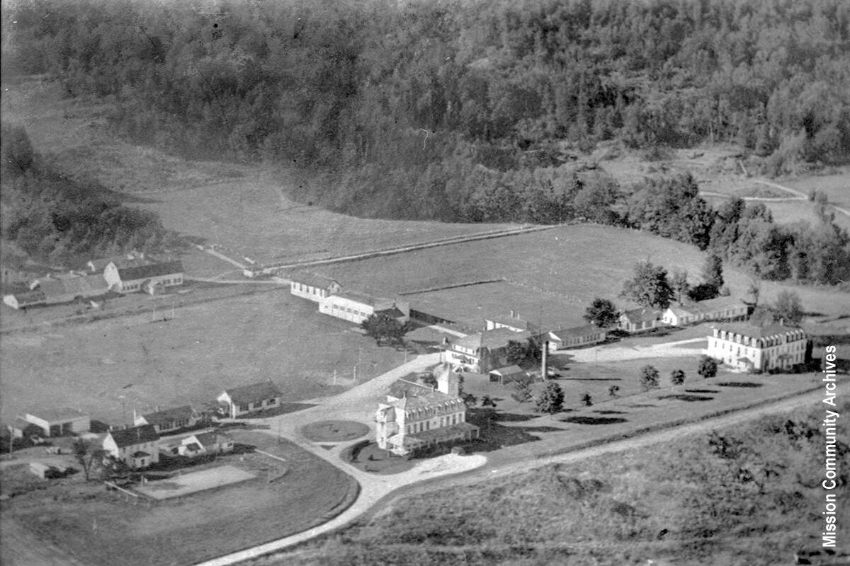 A 1957 aerial photo of St. Mary’s Residential School at Fraser River Heritage Park in Mission. Several years later the buildings would be demolished after the new school built in 1960. Mission Community Archives photo.