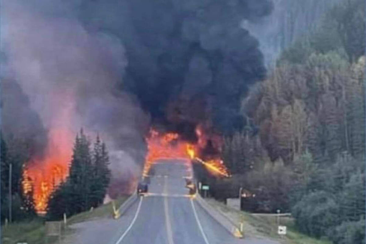 A tanker truck hauling highly flammable materials caught fire after a collision with a bridge on Highway 97 near Fort St. John. (Miranda Dendys/Facebook)