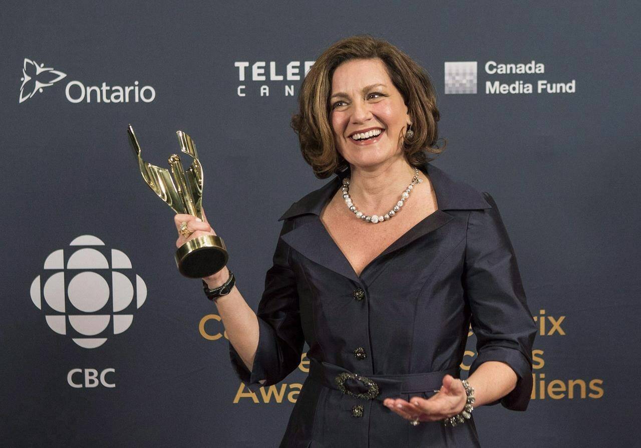 Lisa LaFlamme holds her award for best news anchor at the Canadian Screen Awards in Toronto on March 1, 2015. An open letter signed by a long list of Canadian luminaries is taking aim at Bell Media’s abrupt dismissal of LaFlamme as anchor of the company’s flagship newscast. THE CANADIAN PRESS/Chris Young
