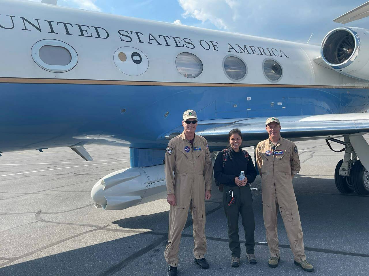 Two Northwest Territories youth joined NASA researchers aboard a Gulfstream III jet earlier this month as they soared above Great Slave Lake and parts of of Nunavut and Alberta. Jacki Moore-Tsetta stands with NASA’s Greg Nelson (left) and Shawn Kern (right) in front of the NASA aircraft in this handout photo. THE CANADIAN PRESS/HO-Jacki Moore-Tsetta