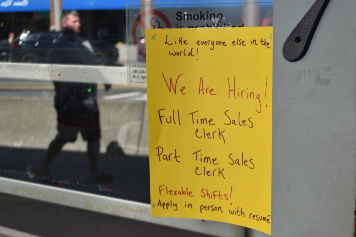 Sidney Bakery, like many other local businesses, is looking for additional staff as employers across the country struggle to fill vacancies. According to Statistics Canada, employers were recruiting more than one million vacant positions in June for the third consecutive month. (Wolf Depner/News Staff)