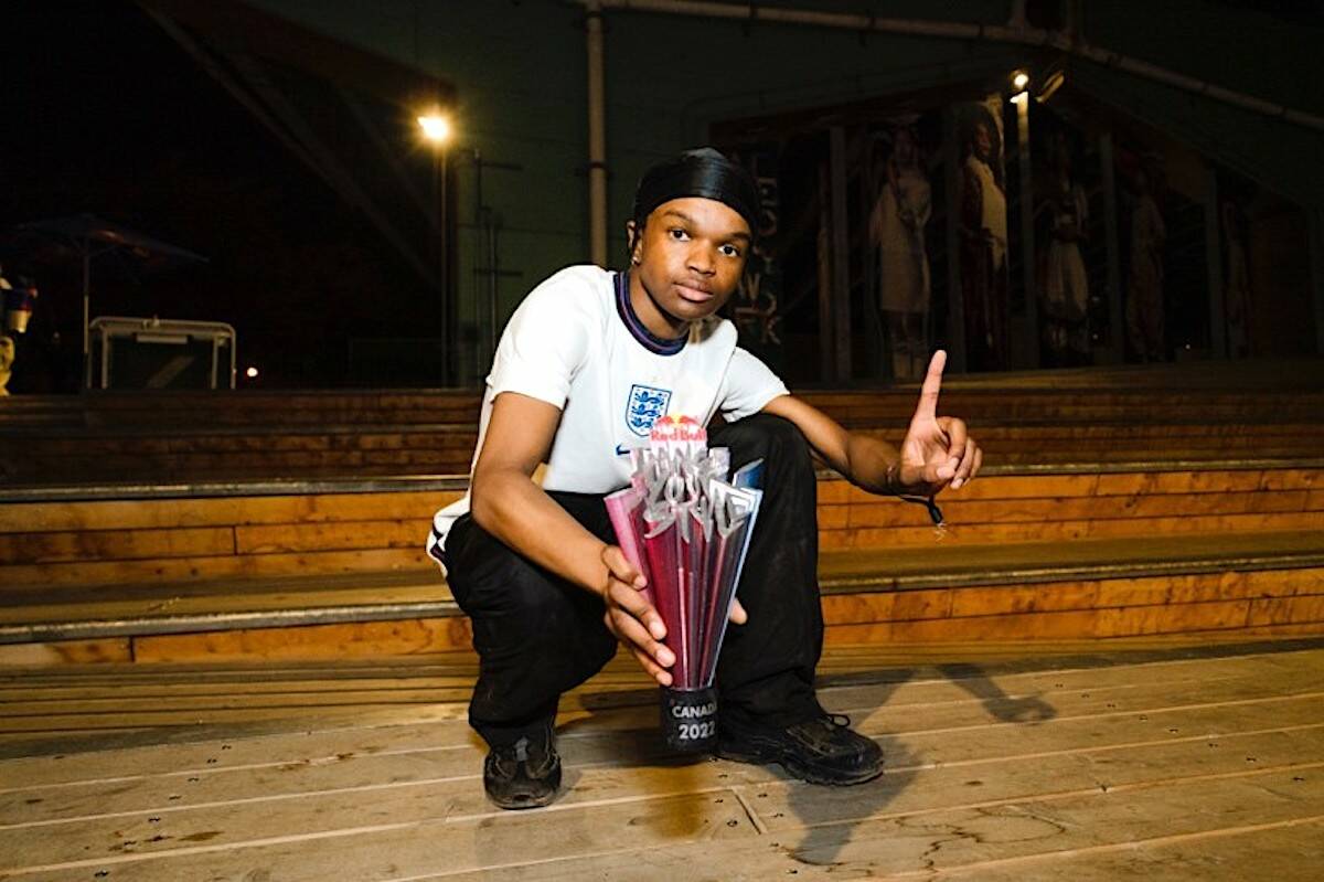 Surrey’s Humuza “Humuzza” Bazira with the Red Bull Dance Your Style national contest trophy in Toronto on Friday, Aug. 26. (Contributed photo: Jenna Hum via Red Bull Content Pool)