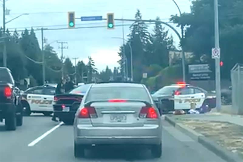 Police had roads blocked Friday afternoon (Aug. 26) in the area of Bourquin Crescent and Ware Street near Mill Lake Park in Abbotsford after a stabbing in the area. (Screengrab from Facebook video)
