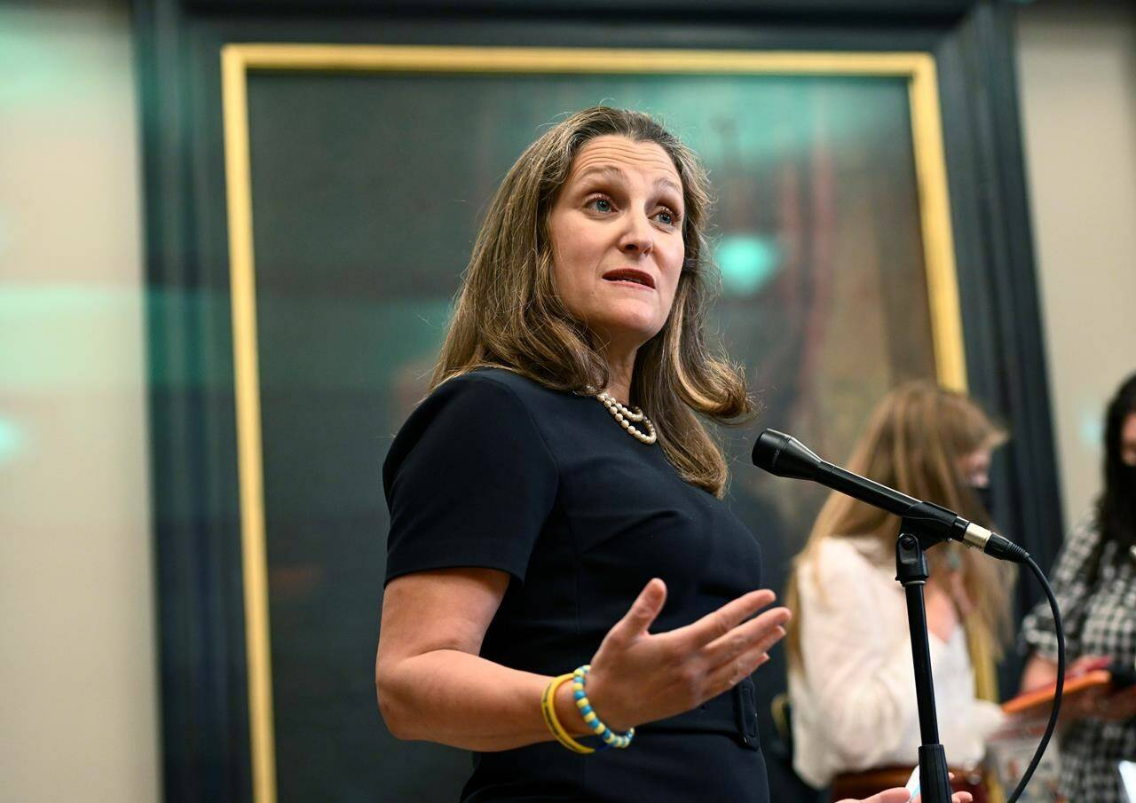 Deputy Prime Minister and Minister of Finance Chrystia Freeland speaks to reporters before heading to Question Period in the House of Commons on Parliament Hill in Ottawa on Thursday, June 23, 2022. The RCMP says it is investigating an incident last Friday in which Deputy Prime Minister Chrystia was subjected to a profane tirade in Grand Prairie, Alta. THE CANADIAN PRESS/Justin Tang