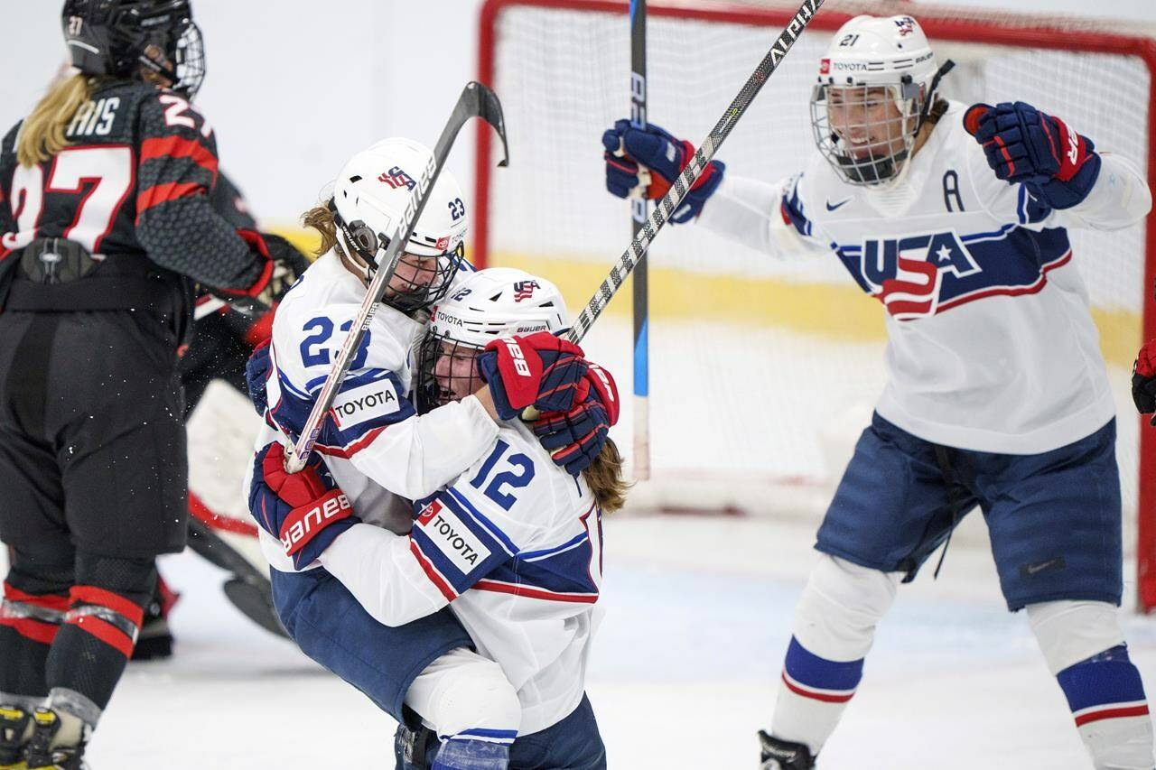 Kelly Pannek of USA celebrates with Hannah Bilka and Hilary Knight after scoring the 2-2 during The IIHF World Championship Woman’s ice hockey match between Canada and USA in Herning, Denmark, Tuesday, Aug 30, 2022. THE CANADIAN PRESS/AP-Bo Amstrup/Ritzau Scanpix via AP