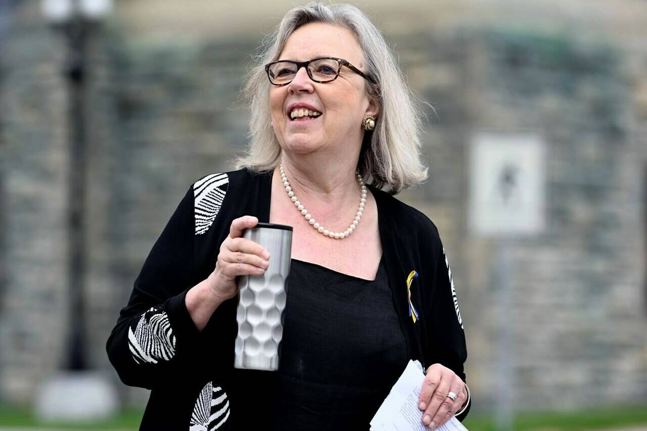 Green Party MP Elizabeth May looks on before the start of a news conference on Parliament Hill in Ottawa, on Tuesday, June 21, 2022. May is running on a joint ticket to reclaim the leadership of the Green Party. THE CANADIAN PRESS/Justin Tang