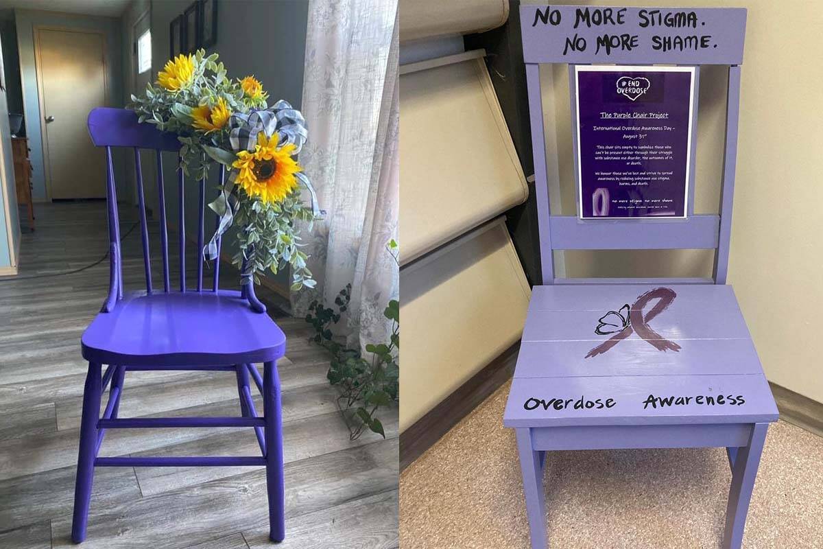 Overdose Awareness Manitoba is asking people across Canada and beyond to draw attention to those lost to the toxic drug supply by displaying an empty purple chair. Aug. 31 is International Overdose Awareness Day. (Overdose Awareness Manitoba/Twitter)