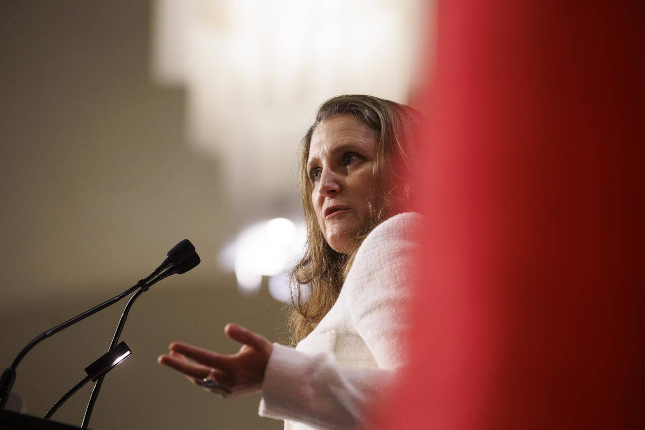 Canada’s Deputy Prime Minister Chrystia Freeland addresses a crowd at the Empire Club of Canada in Toronto, June 16, 2022. THE CANADIAN PRESS/Cole Burston