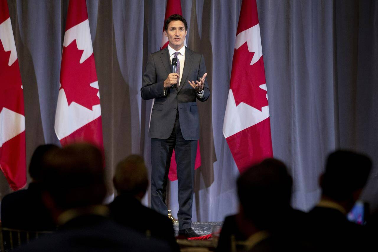 Justin Trudeau, Leader of the Liberal Party of Canada, speaks at a party fundraising event in Mississauga, Ontario on Tuesday, August 30, 2022. THE CANADIAN PRESS/Chris Young